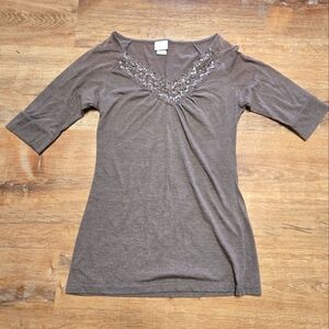 Daytrip Gray Embellished Fitted Blouse 3/4 Sleeve